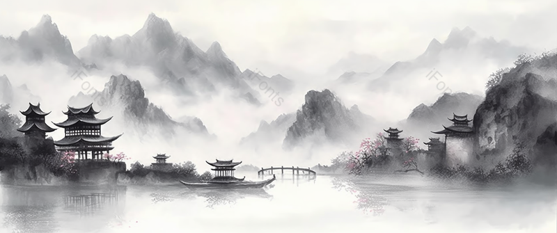 山水河流树木黑白淡彩意境中国风水墨画,插画/手绘图,插画/手绘图库,插画/手绘图下载,插画/手绘